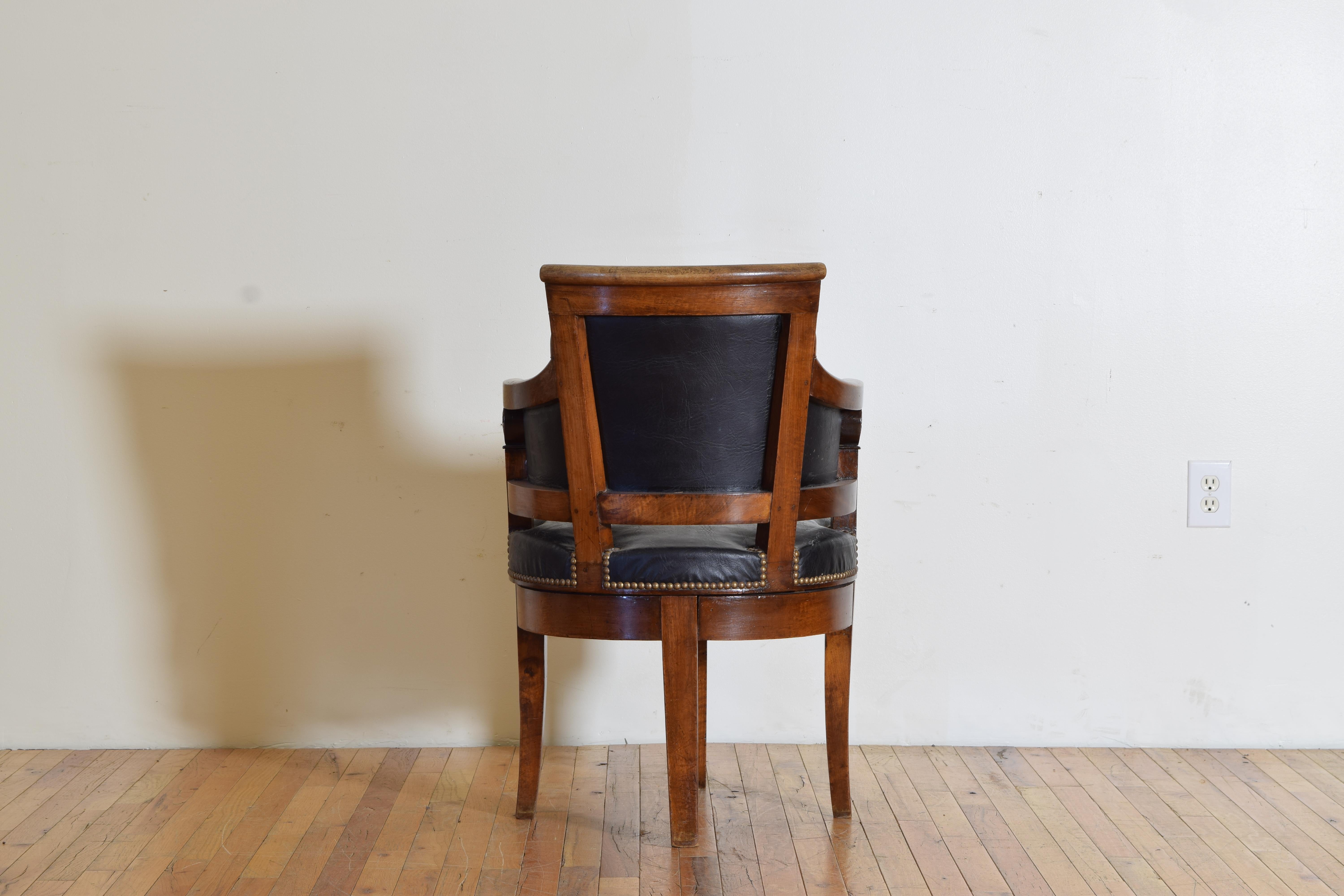 French Restauration Period Walnut and Leather Swivel Desk Chair, ca. 1815-1830 1