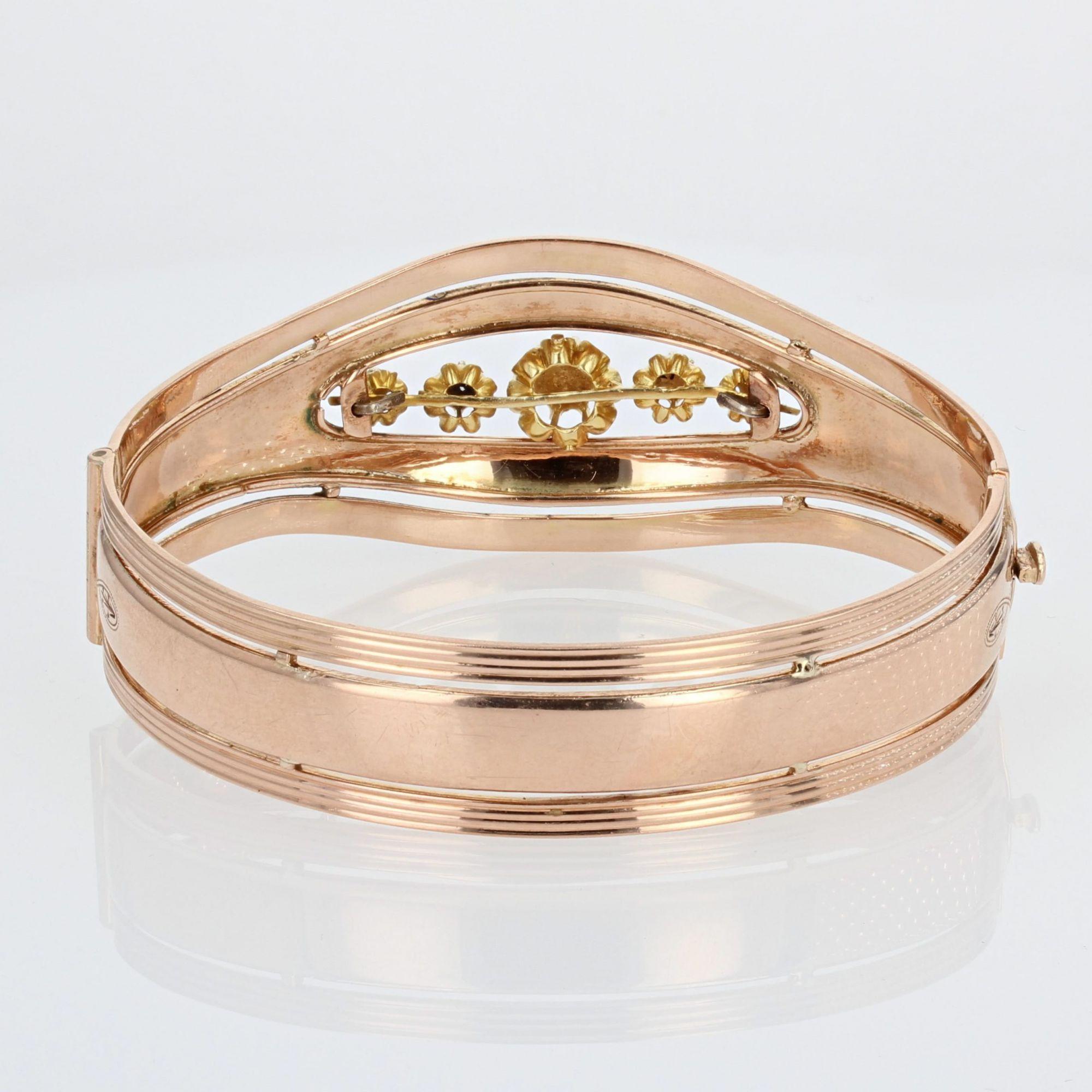 Rose Cut French Restoration 19th Century Diamonds Enamel 18 Karat Gold Bangle Bracelet For Sale