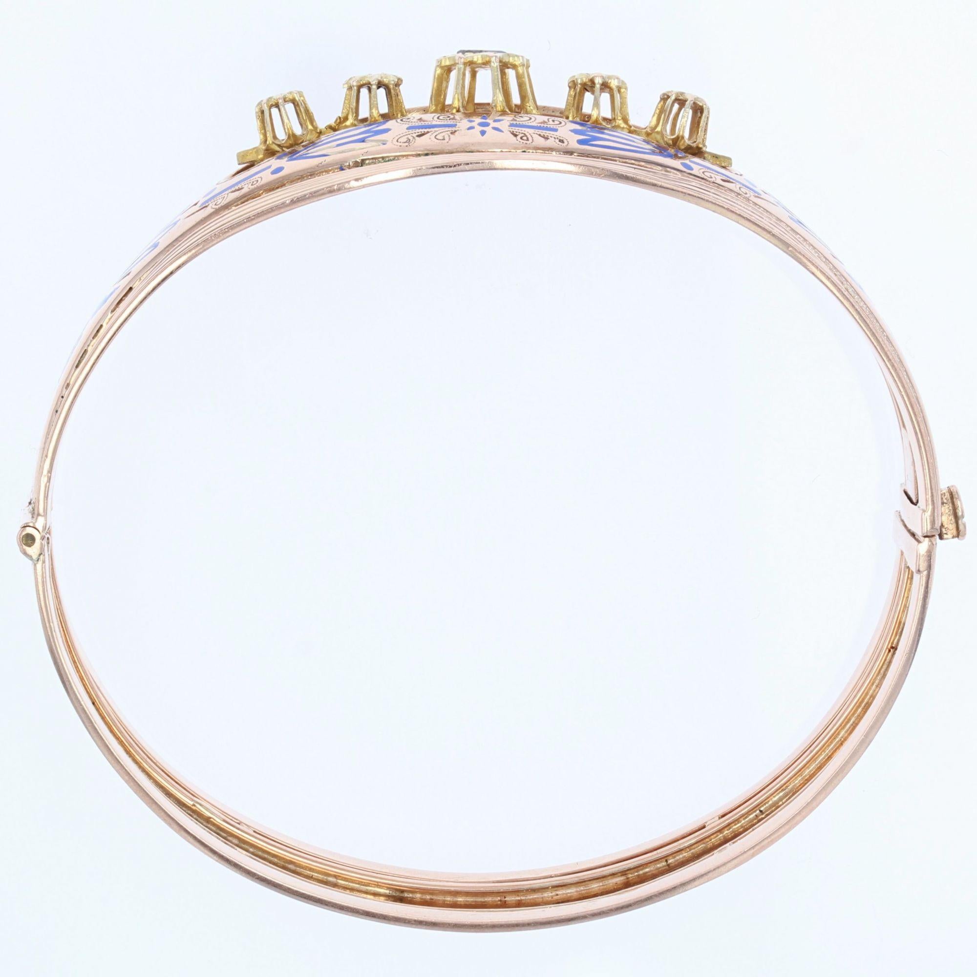 French Restoration 19th Century Diamonds Enamel 18 Karat Gold Bangle Bracelet For Sale 2