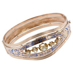 French Restoration 19th Century Diamonds Enamel 18 Karat Gold Bangle Bracelet
