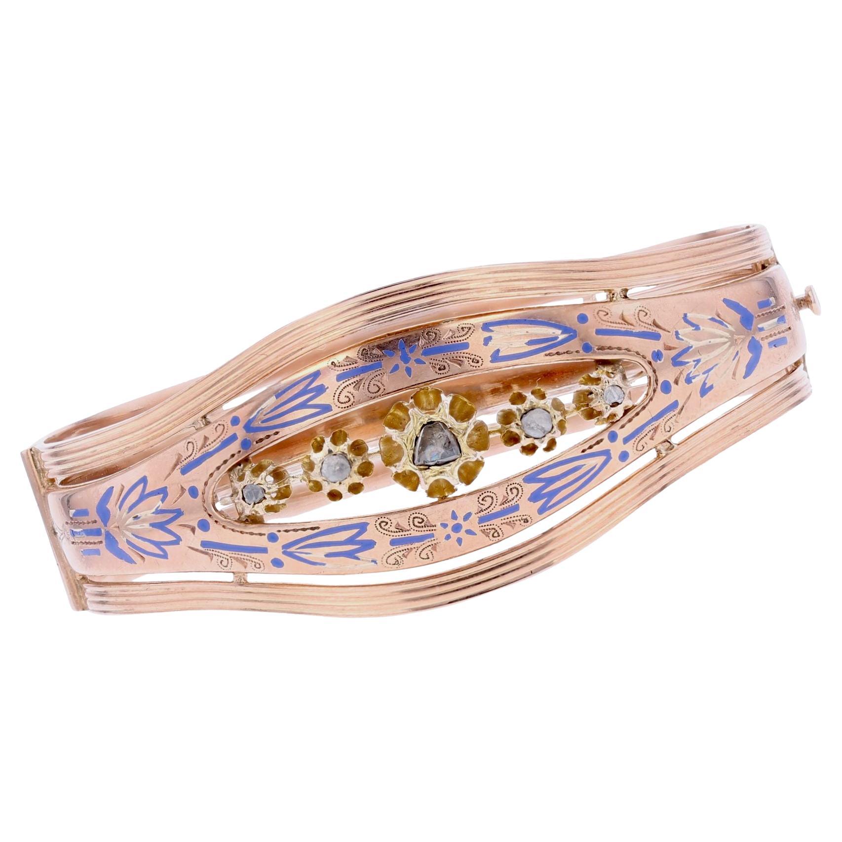 Restauración Francesa Siglo XIX Diamantes Esmalte Oro 18 Kilates Pulsera Brazalete