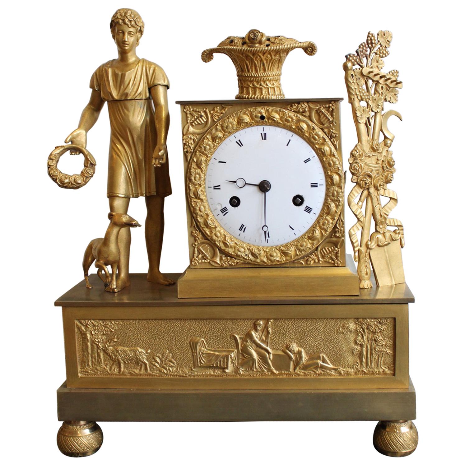 French Restoration Gilt Bronze Clock For Sale