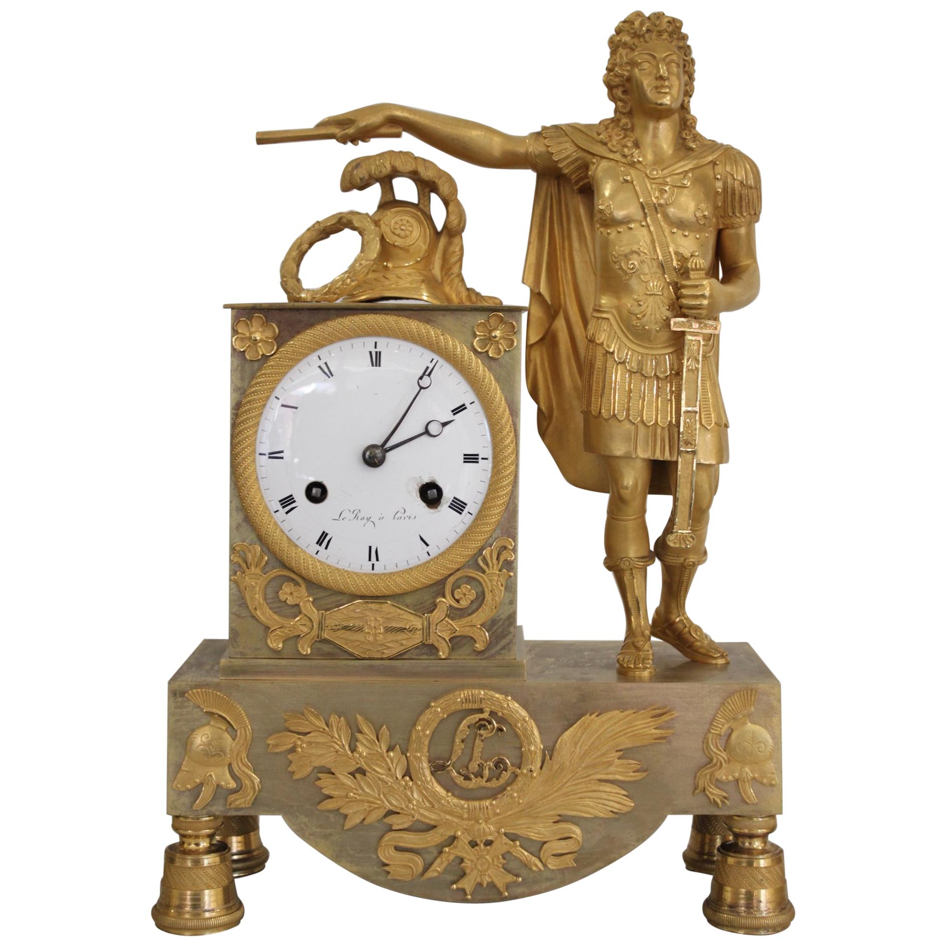 French Restoration Gilt Bronze Clock Louis XIV as Emperor