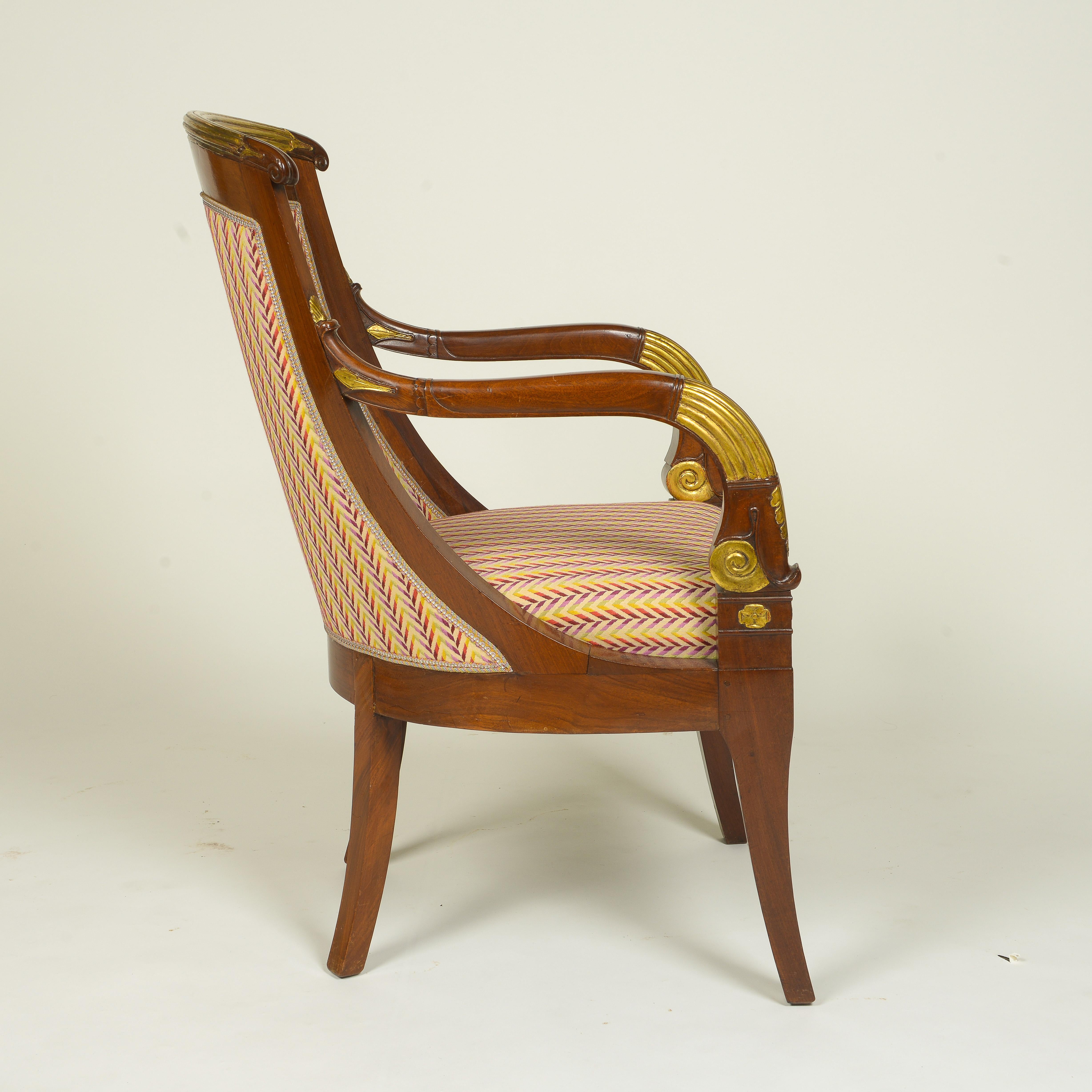 Neoclassical French Restoration Mahogany and Parcel Gilt Armchair For Sale