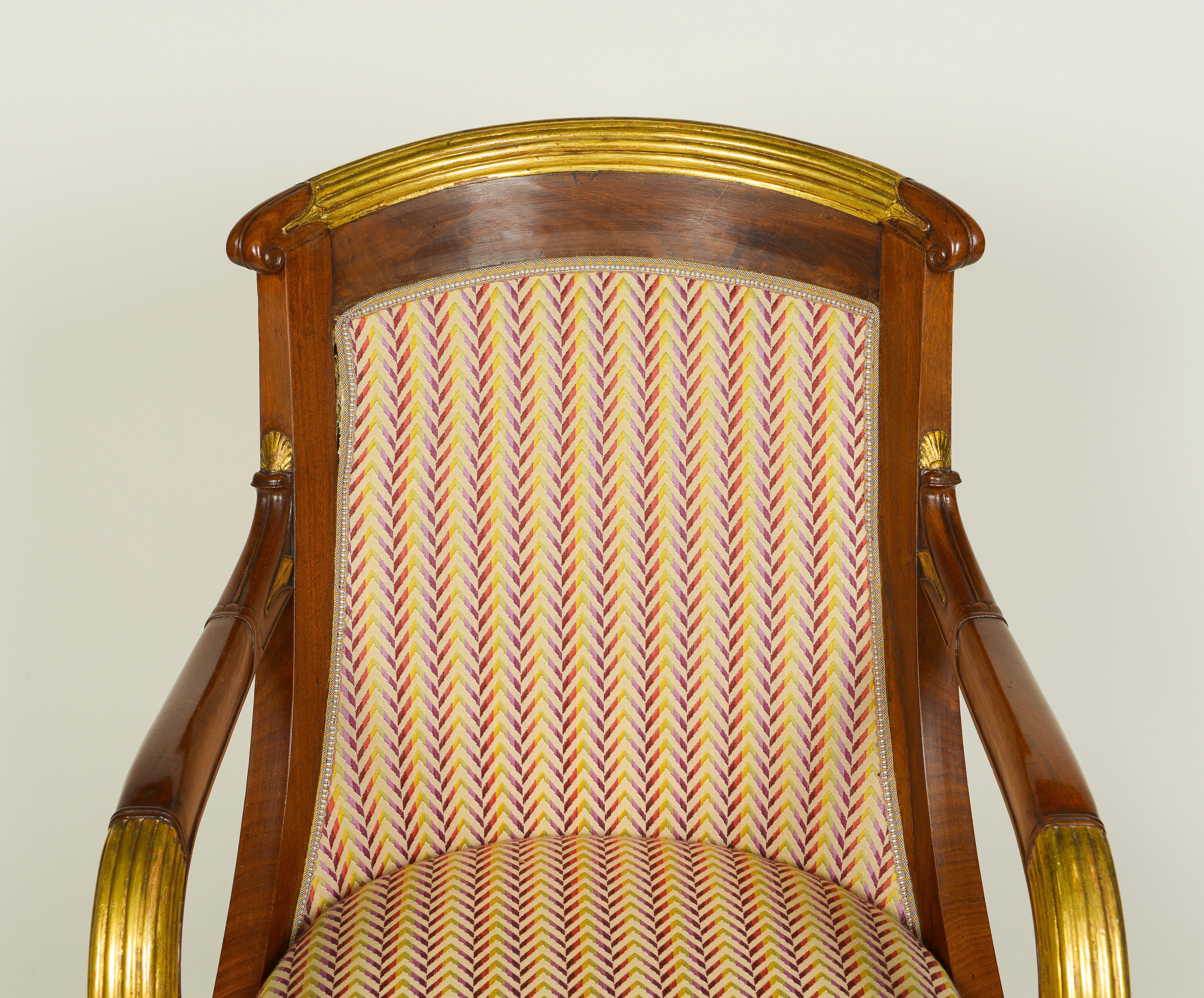 Abalone French Restoration Mahogany and Parcel Gilt Armchair For Sale