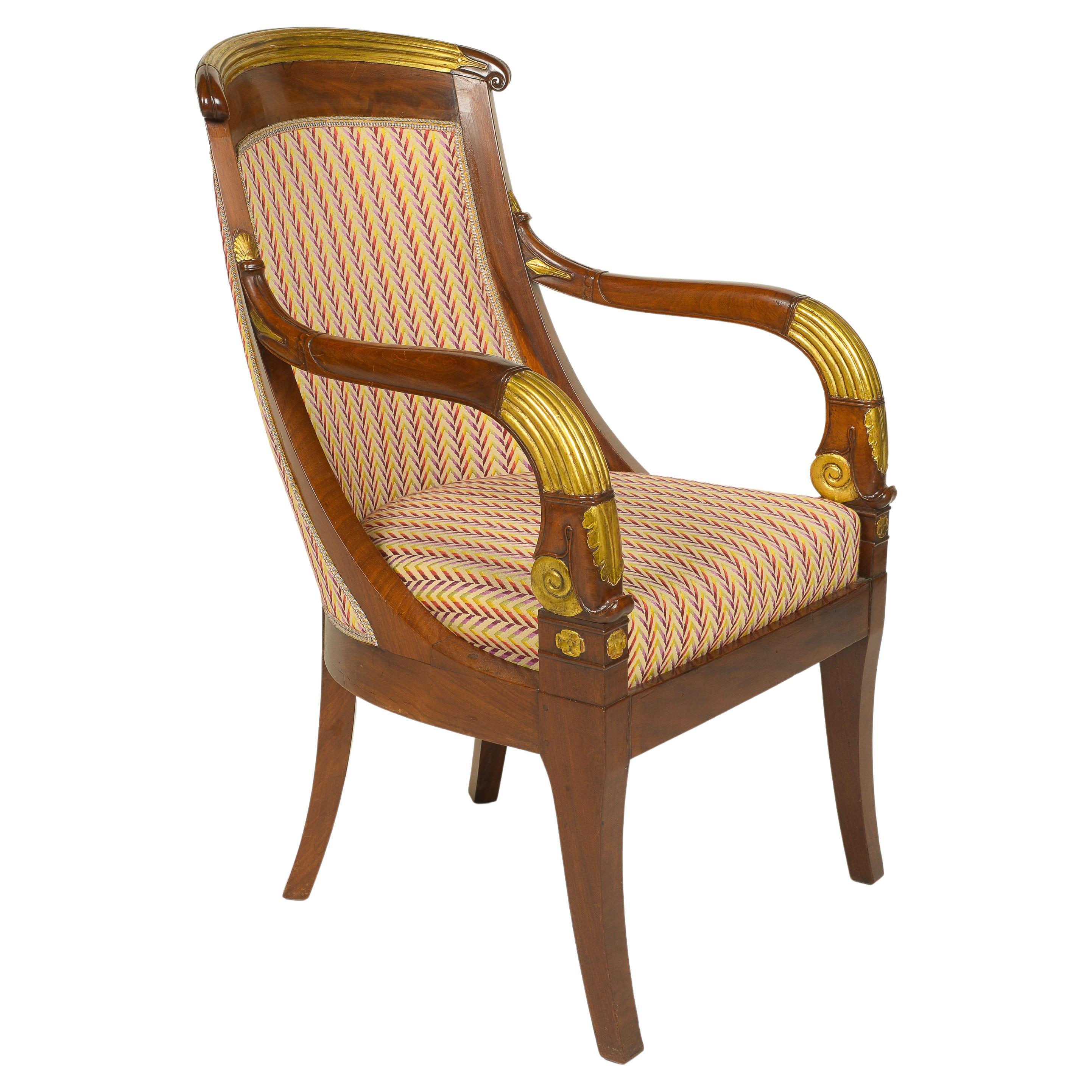 French Restoration Mahogany and Parcel Gilt Armchair For Sale