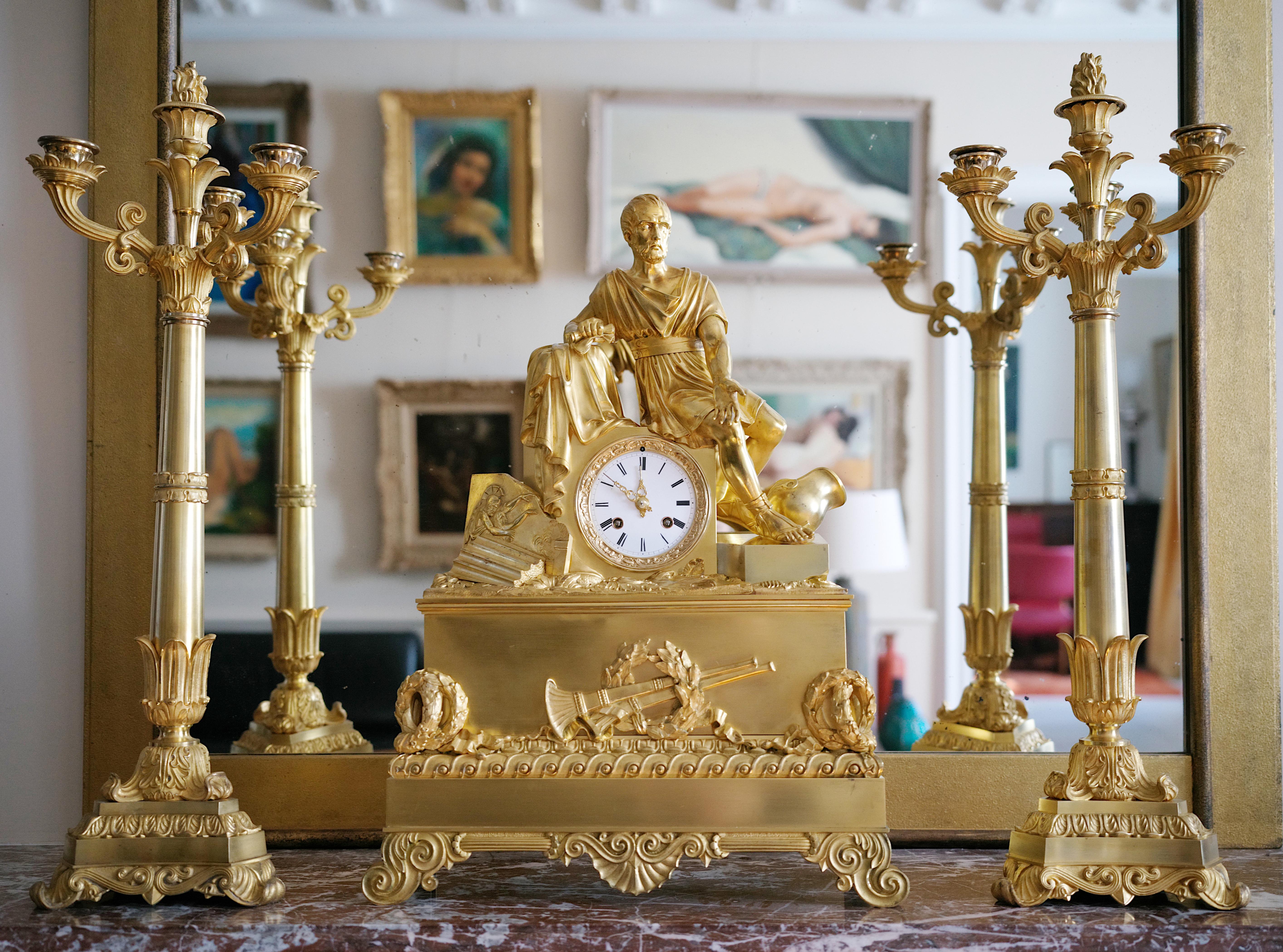 Charles X French Restoration Mantel Clock set, 1820-1830s For Sale