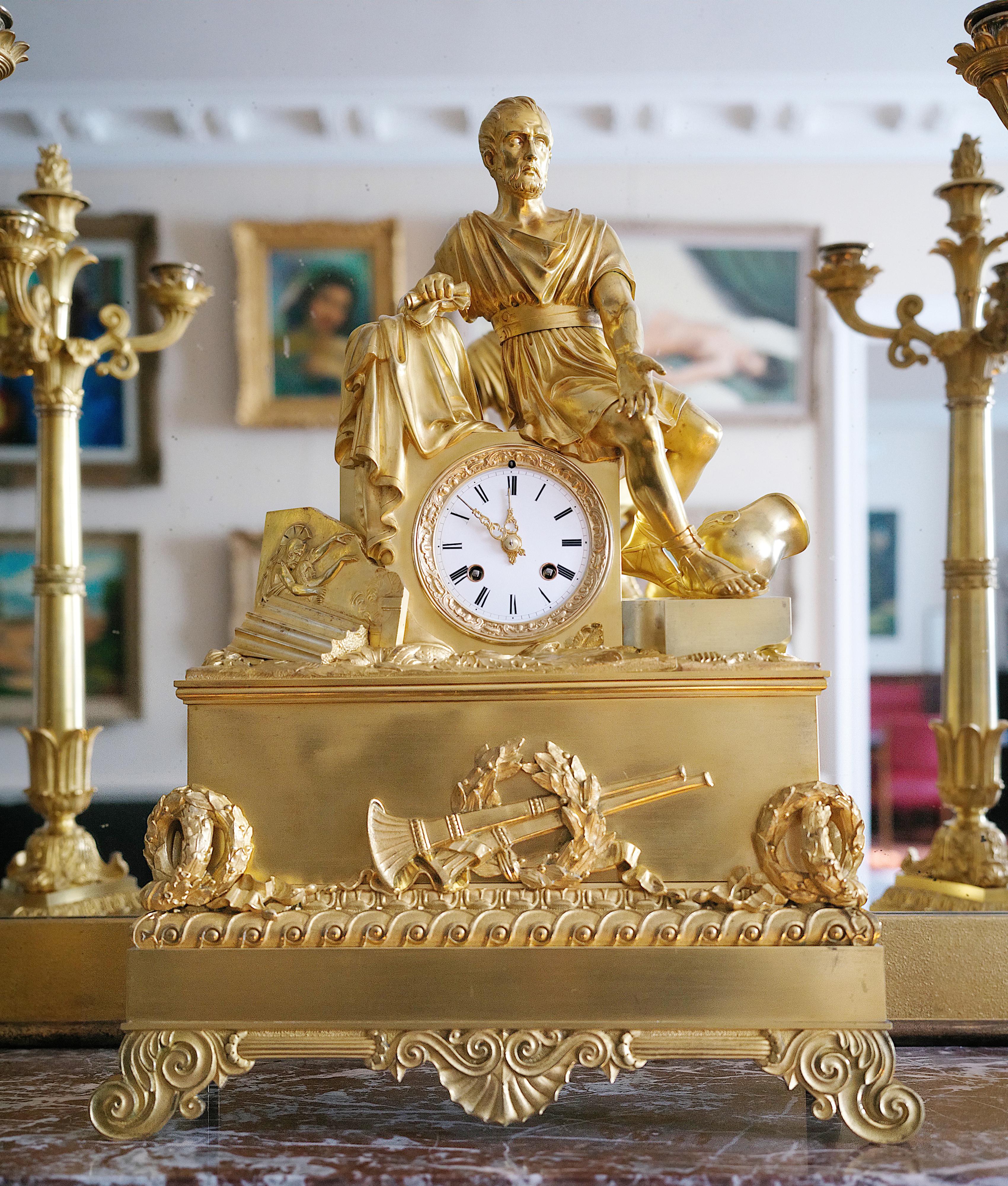 Gilt French Restoration Mantel Clock set, 1820-1830s For Sale