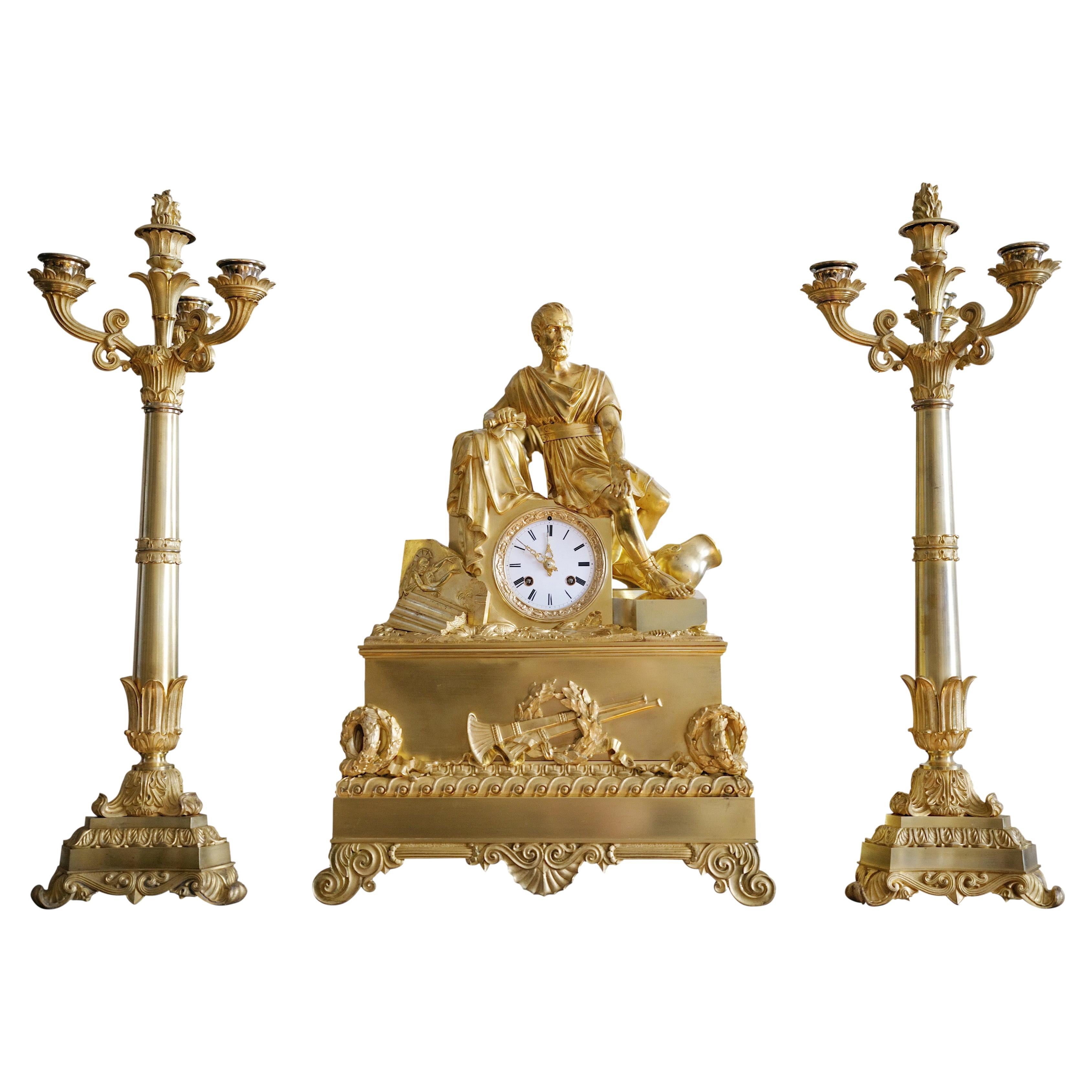 French Restoration Mantel Clock set, 1820-1830s