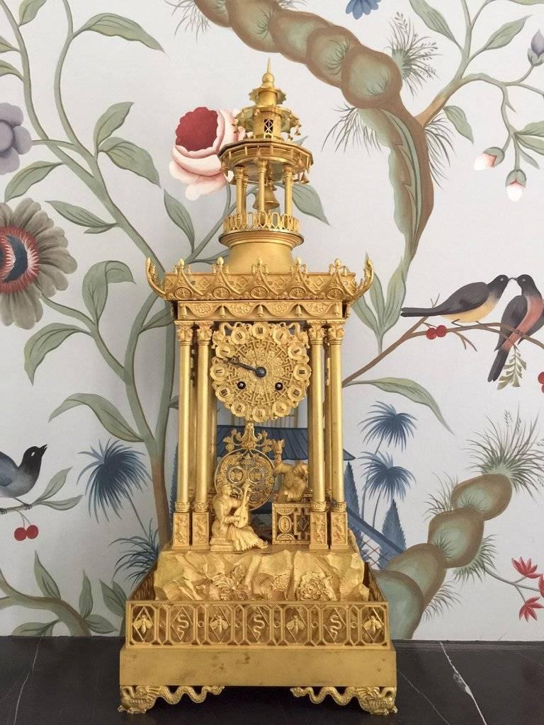 Chinoiserie French Restoration Period Chinese Motif Gilt Bronze Mantel Clock by Honoré Pons For Sale
