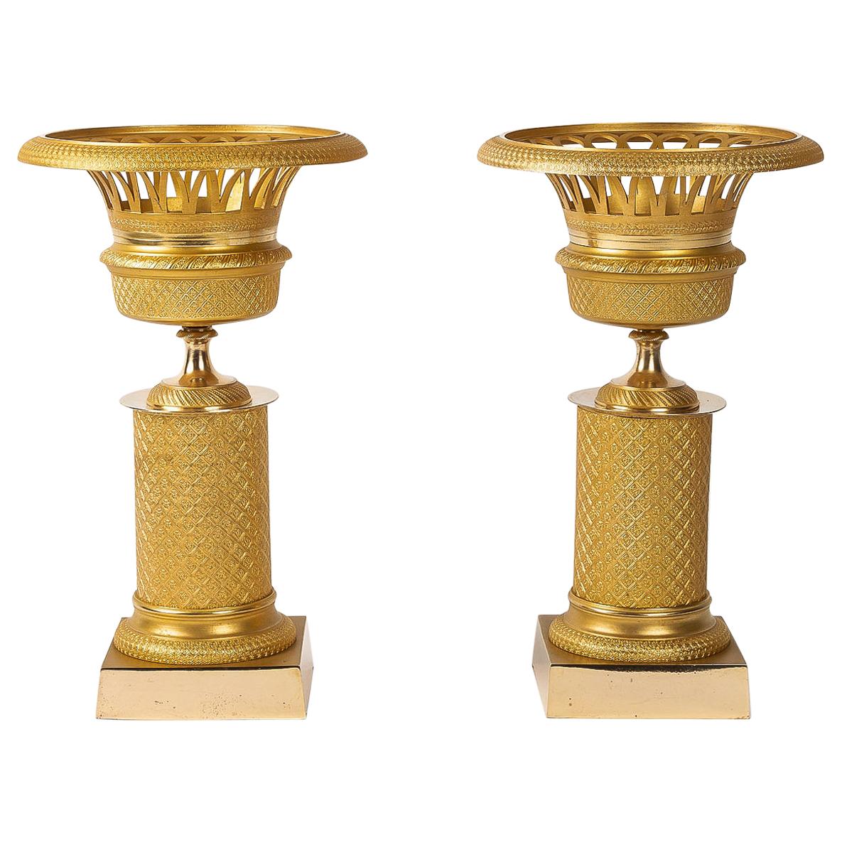 French Restoration Period Pair of Gilt-Bronze Cups, circa 1815-1830