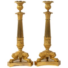 French Restoration Period, Pair of Large Bronze Candlesticks, circa 1815-1830