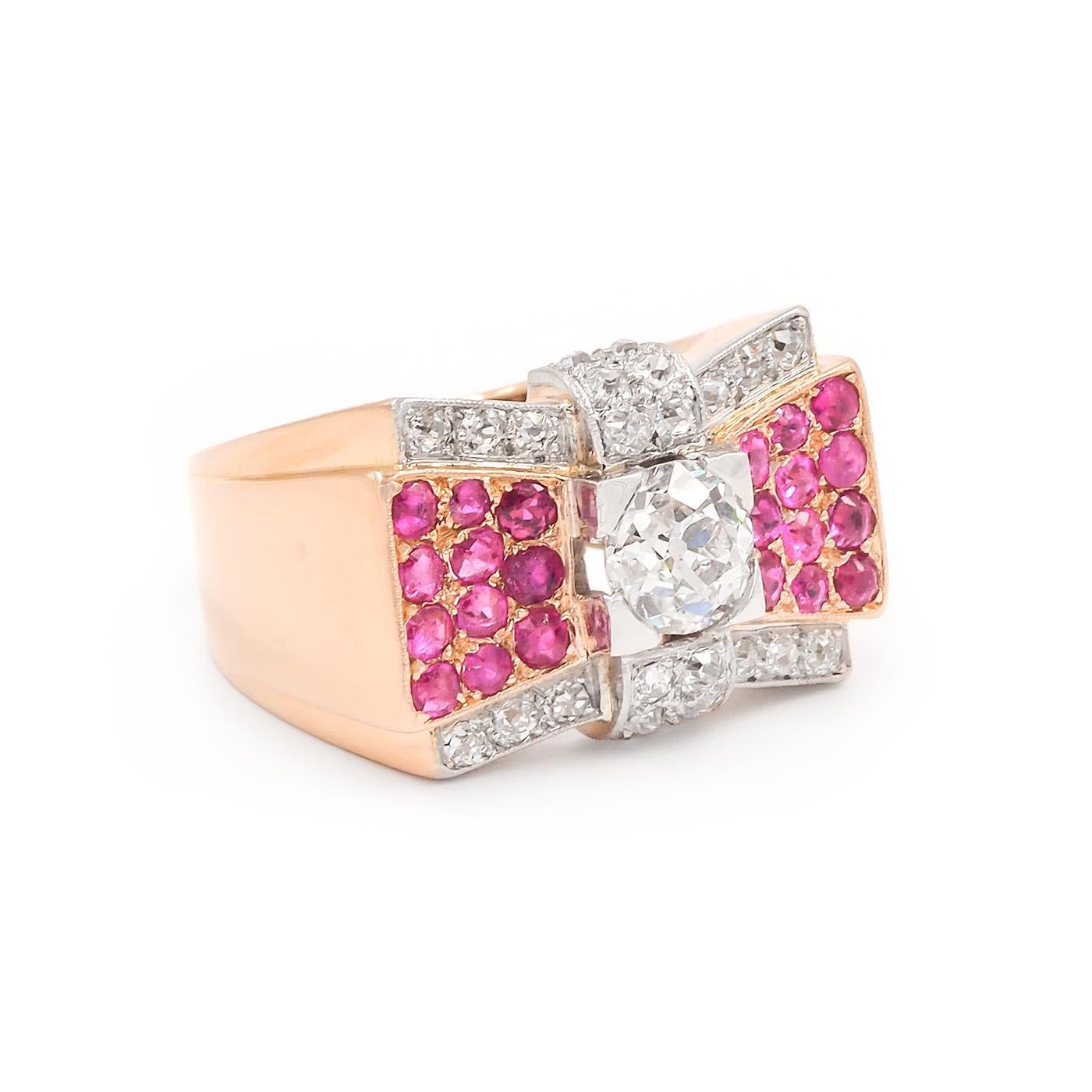 French Retro 1.14 Carat Old Mine Cut Diamond & Ruby Tank Ring composed of 18k yellow gold and platinum. The 1.14 carat Old Mine Cut diamond is GIA certified K color/I1 clarity, set at the center. With an additional 36 Old Mine Cut diamonds weighing