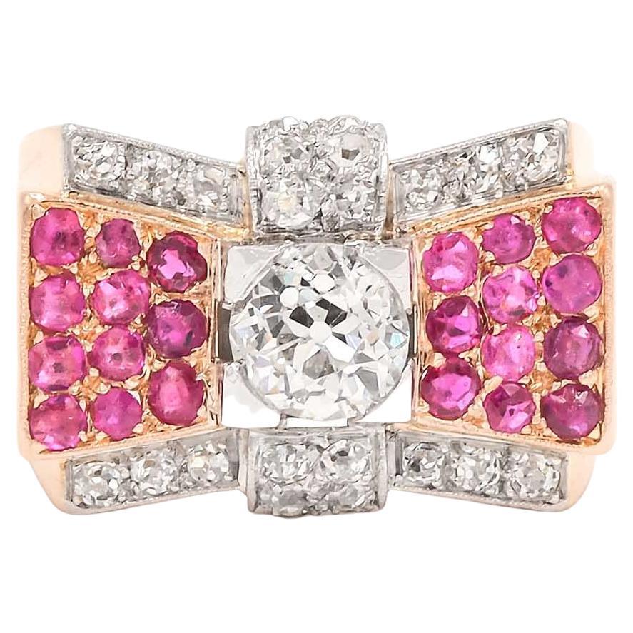 French Retro 1.14 Carat GIA Old Mine Cut Diamond & Ruby Tank Ring