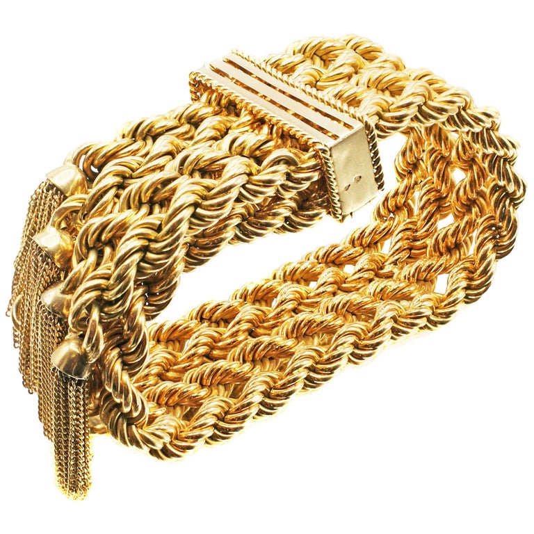 French Retro 18 Karat Braided Gold Tassel Bracelet For Sale at 1stdibs