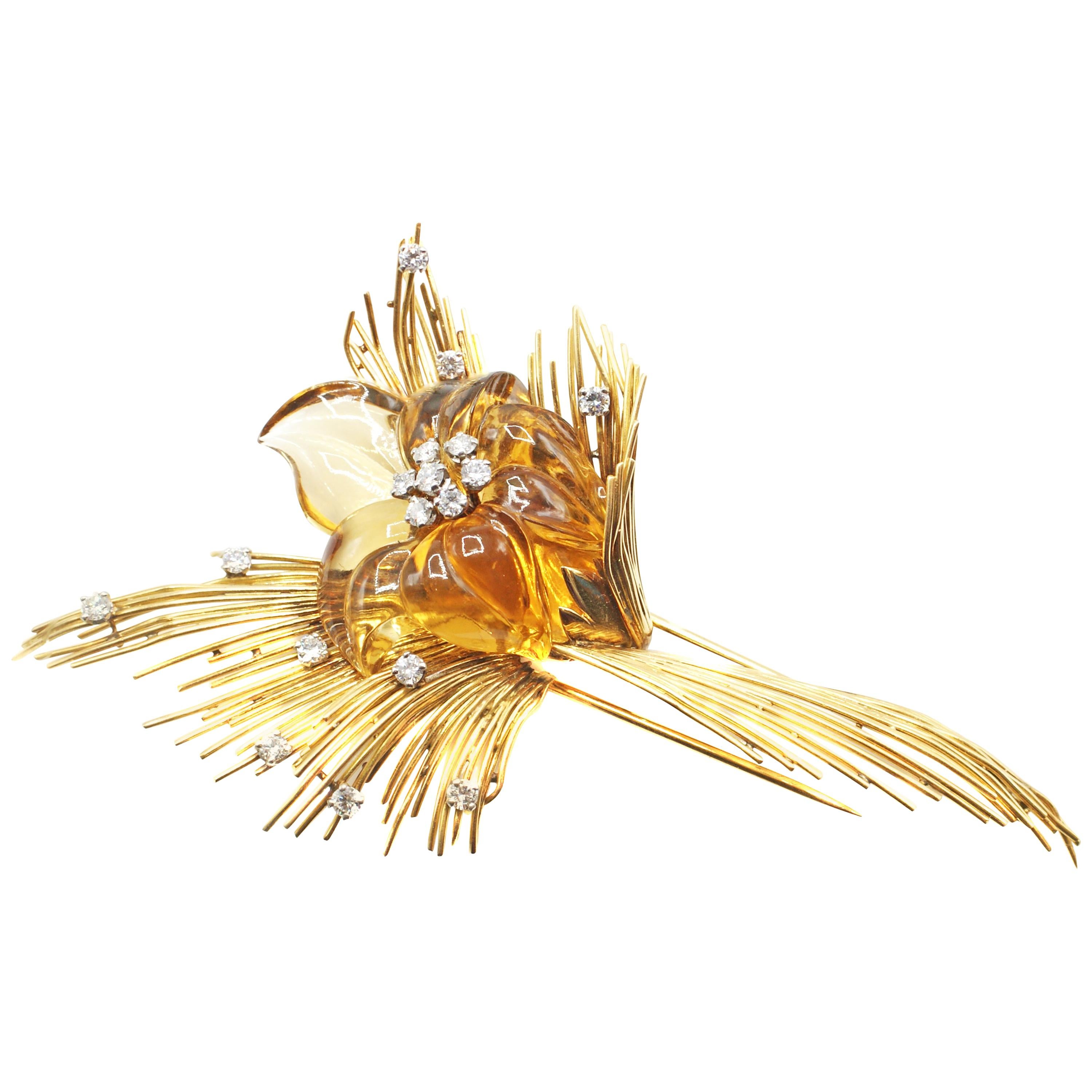 French Retro 18 Karat Gold Diamond Citrine Flower Brooch