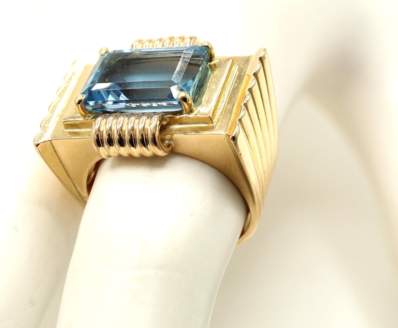 da uomo o donna Anello francese retrò in oro giallo 18 carati con acquamarina in vendita