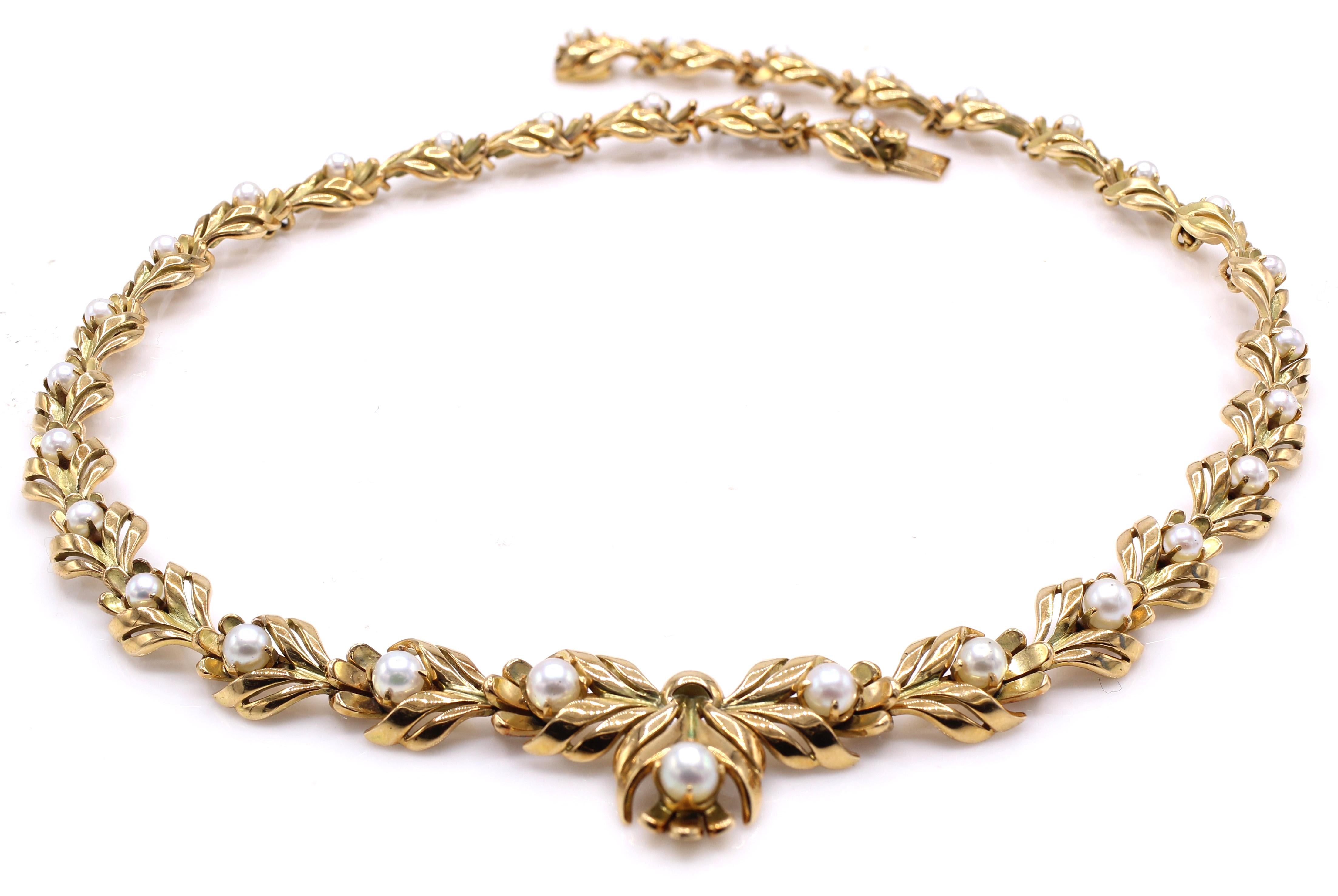Bead French Retro 18 Karat Yellow Gold Pearl Necklace For Sale
