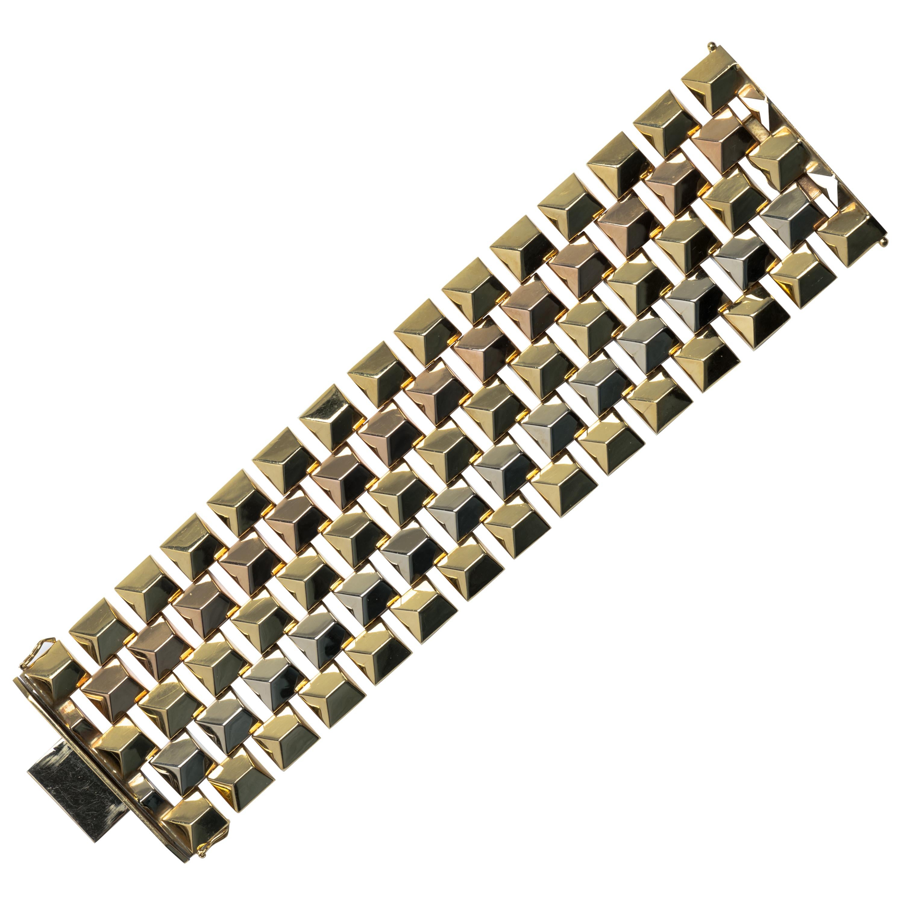 French Retro 18 Karat Yellow, White and Rose Gold Wide Bracelet For Sale