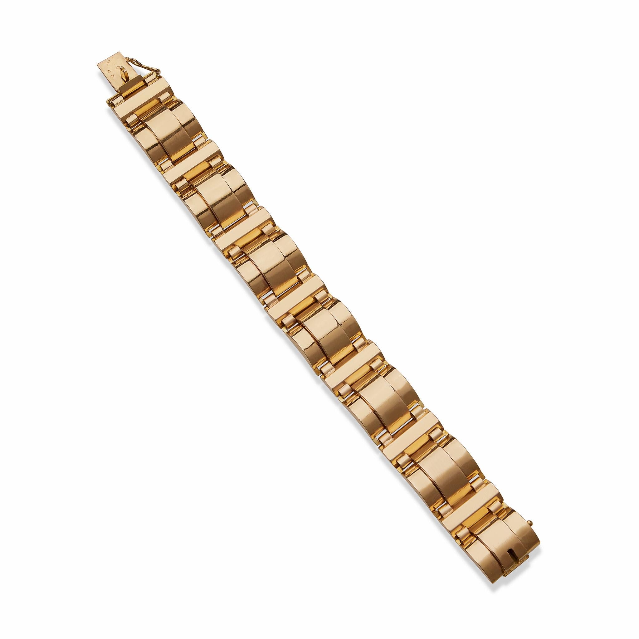 French Retro 18K Gold Tank Track Bracelet In Excellent Condition For Sale In New York, NY
