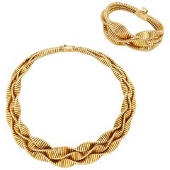 French Retro 18K Gold Twisted Tubogas Necklace and a Bracelet