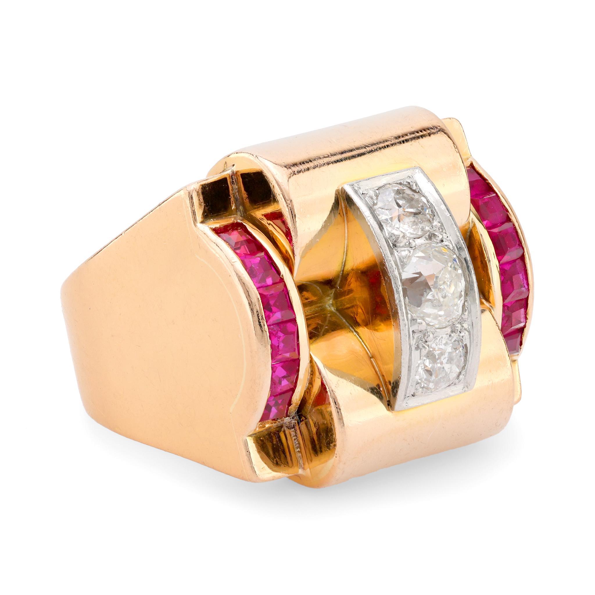 Old European Cut French retro 18k rose gold diamond synthetic ruby tank ring For Sale