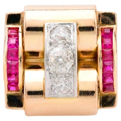 French retro 18k rose gold diamond synthetic ruby tank ring