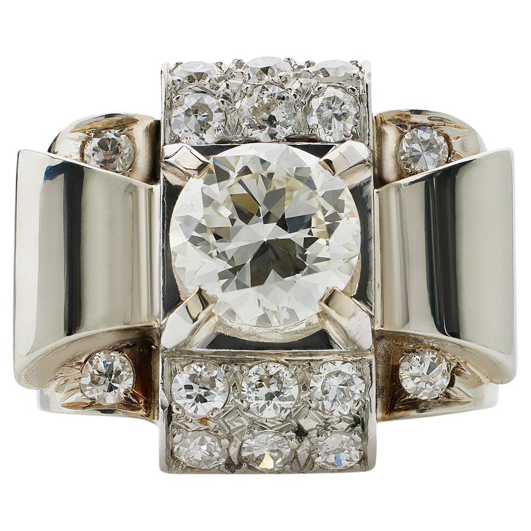 French Retro 18K White Gold and Diamond Ring For Sale