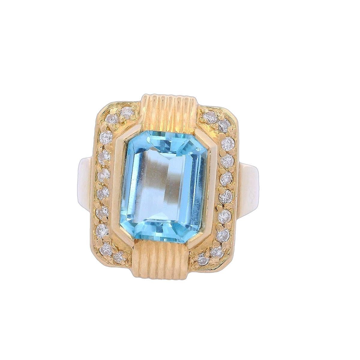 French Retro 1940 18kt Gold Ring with Aquamarine and Diamonds
