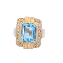 Bague rétro française de 1940 en or 18 carats avec aigue-marine et diamants
