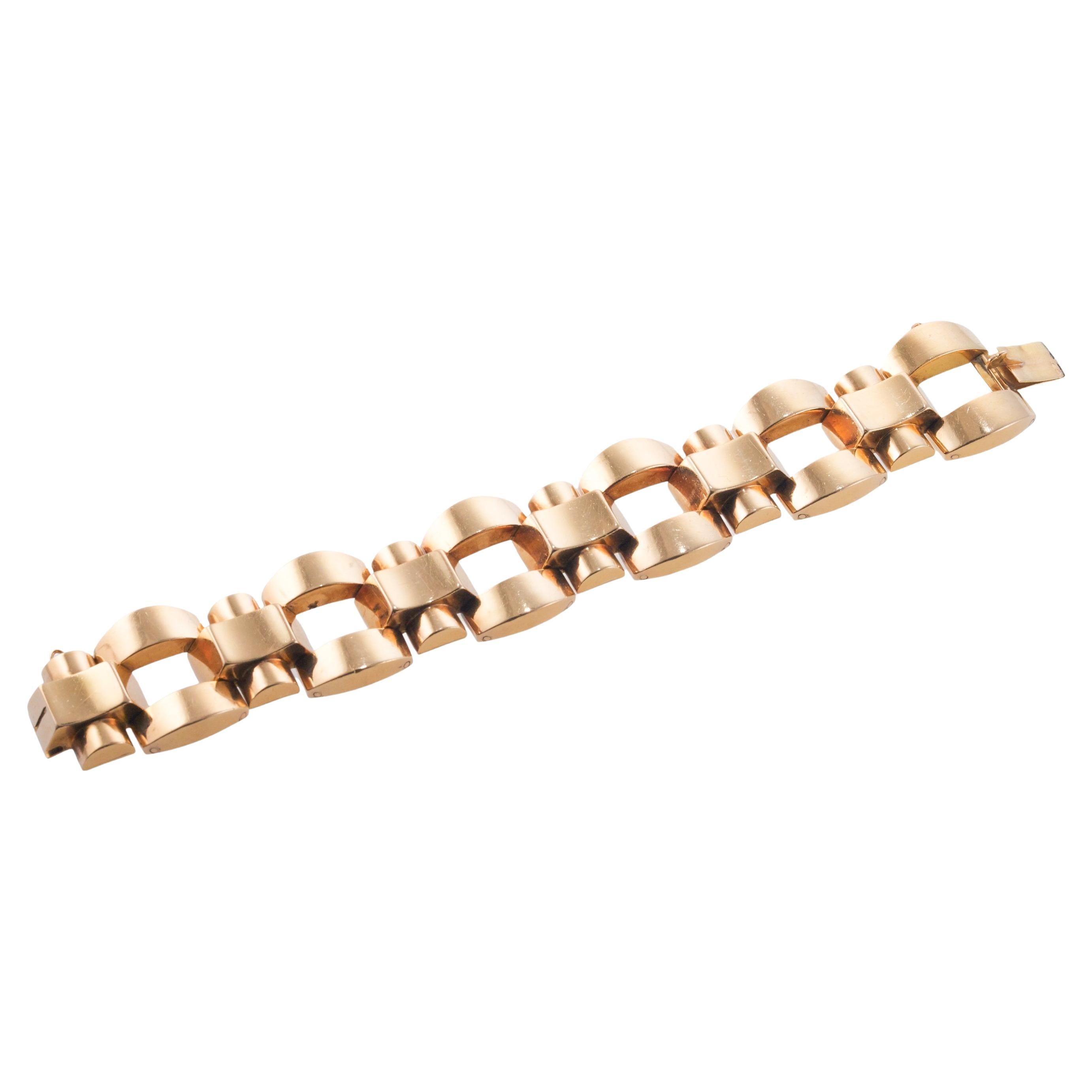 French Retro 1940s Gold Wide Bracelet For Sale