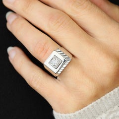 French Retro 1950s Diamond Platinum Signet Ring
