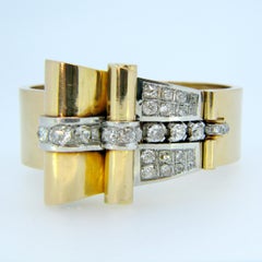 French Retro 1950s Diamond Yellow Gold Platinum Bangle Bracelet