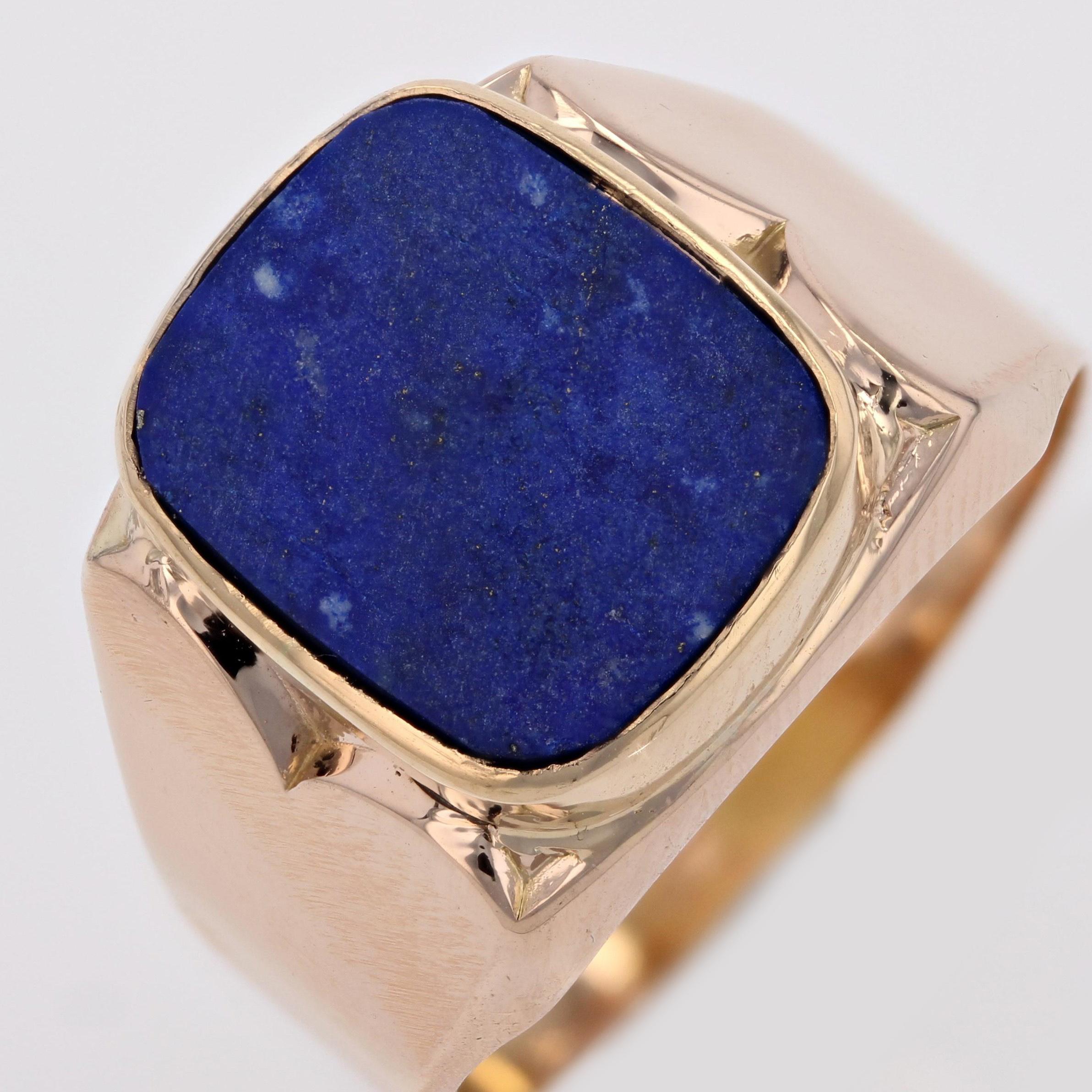 French Retro 1950s Lapis Lazuli 18 Karat Yellow Gold Signet Ring For Sale 4