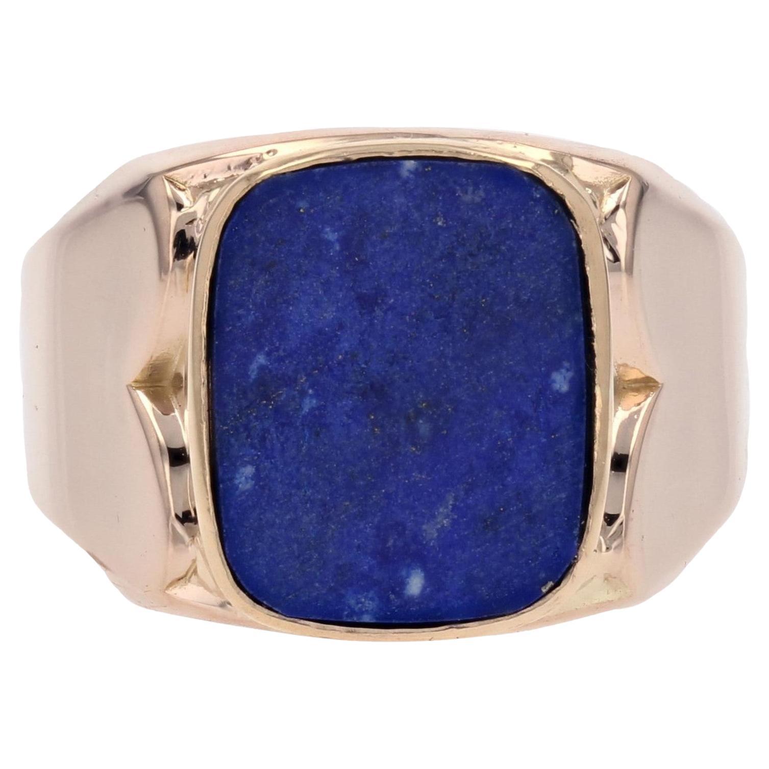 French Retro 1950s Lapis Lazuli 18 Karat Yellow Gold Signet Ring For Sale