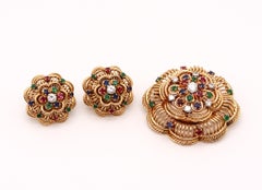 French Retro 1960 Earrings Brooch Suite in 18Kt Gold with 3.72 Ctw in Gemstones