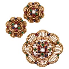French Retro 1960 Earrings Brooch Suite in 18Kt Gold with 3.72 Ctw in Gemstones