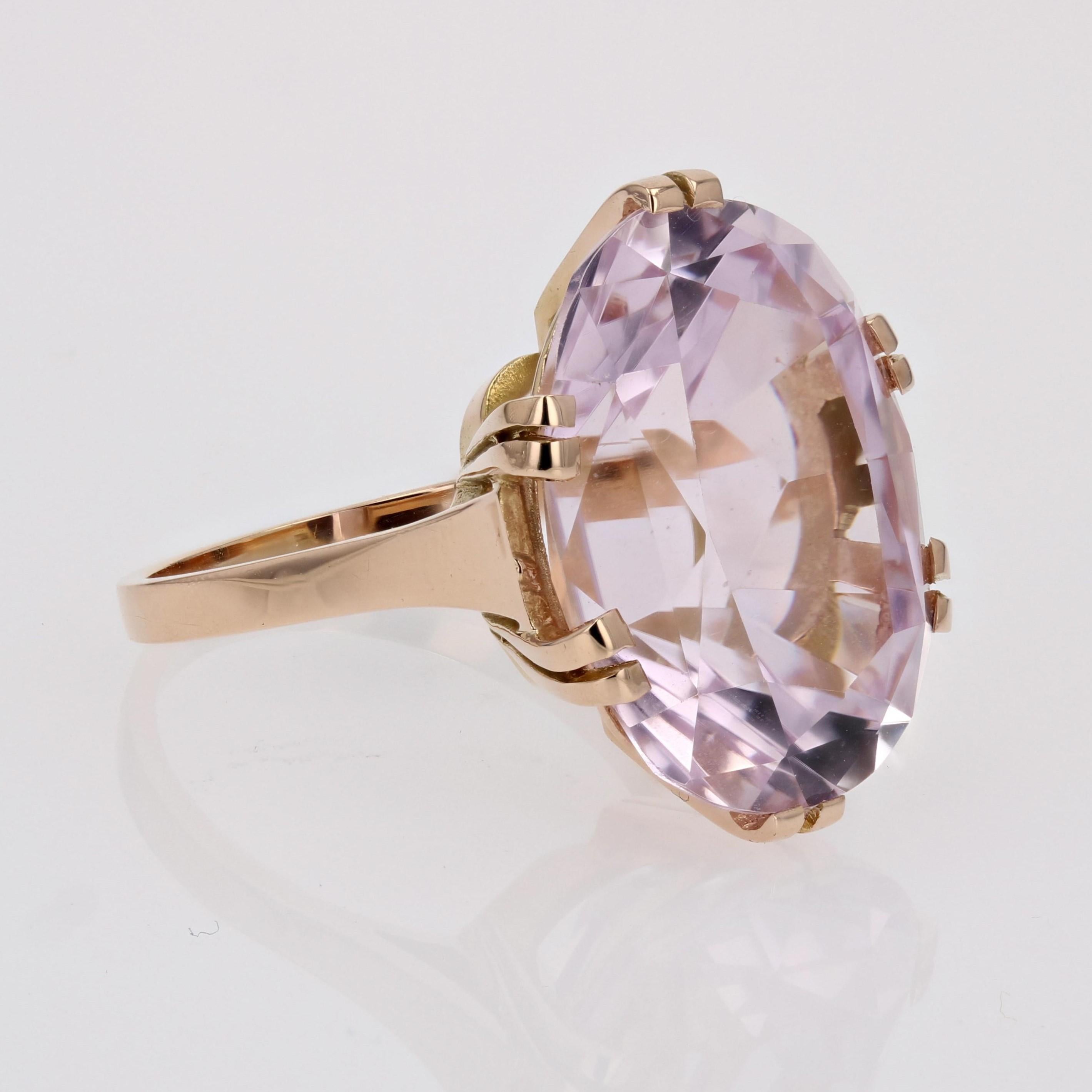 French Retro 1960s 17.71 Carats Kunzite 18 Karat Rose Gold Cocktail Ring For Sale 6