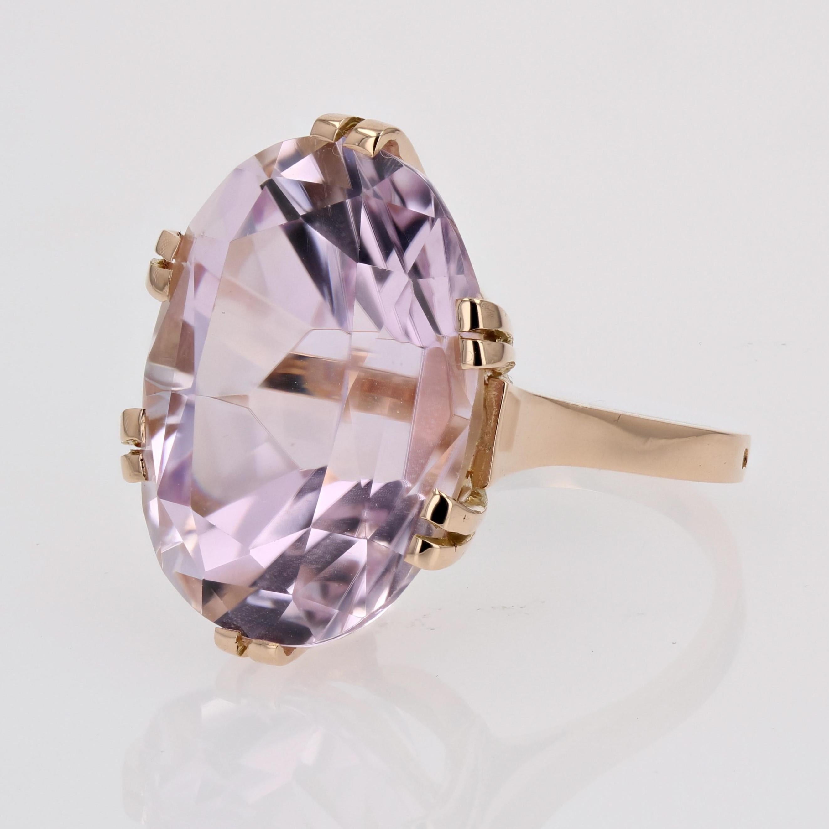 French Retro 1960s 17.71 Carats Kunzite 18 Karat Rose Gold Cocktail Ring For Sale 3