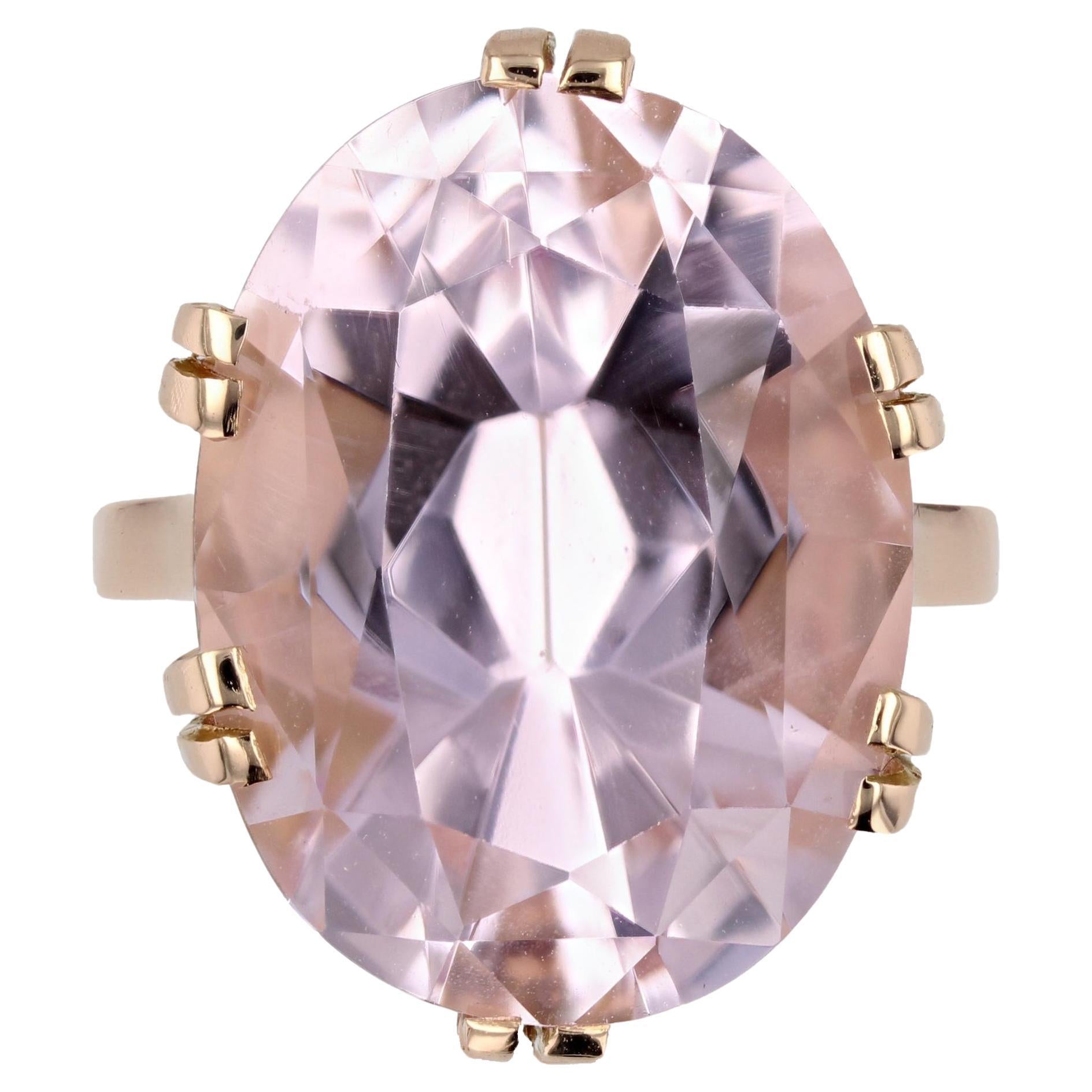 French Retro 1960s 17.71 Carats Kunzite 18 Karat Rose Gold Cocktail Ring For Sale