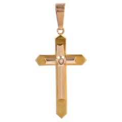 French Retro 1960s 18 Karat Rose and Yellow Gold Cultured Pearl Cross Pendant