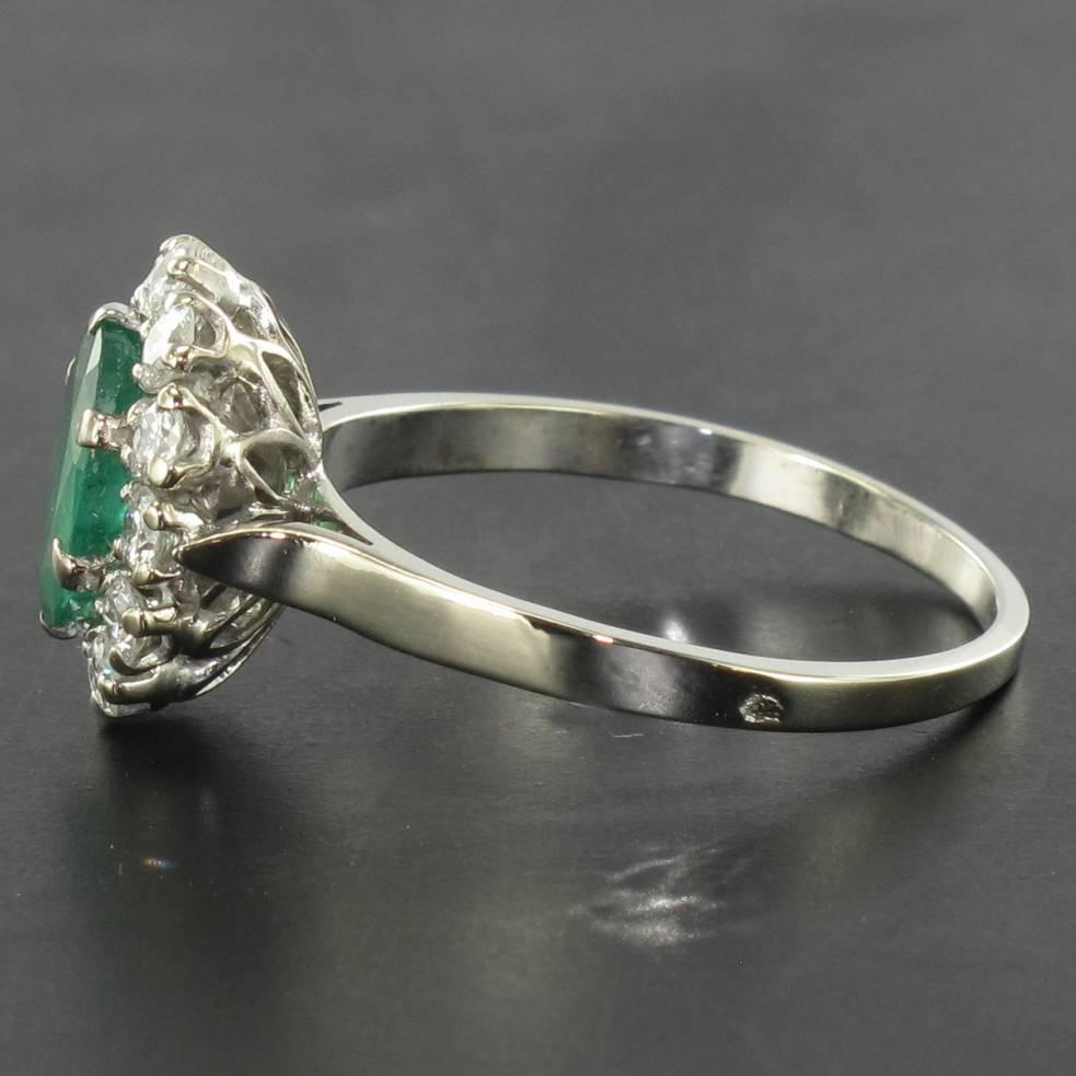 French Retro 1960s Emerald Diamond White Gold Pompadour Engagement Ring  2