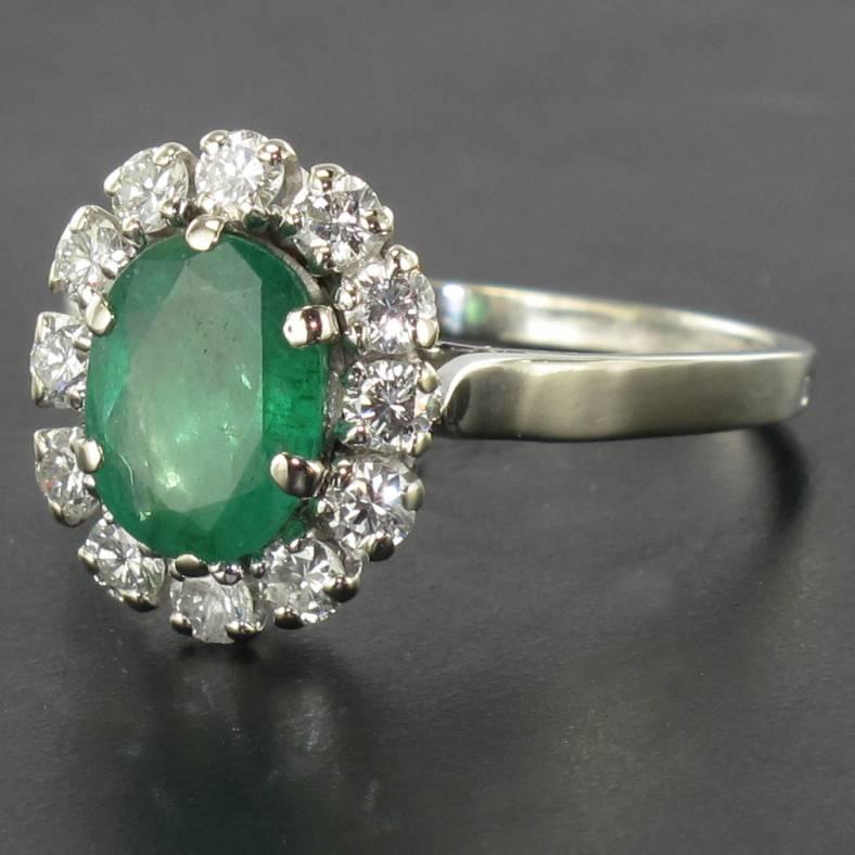 Oval Cut French Retro 1960s Emerald Diamond White Gold Pompadour Engagement Ring