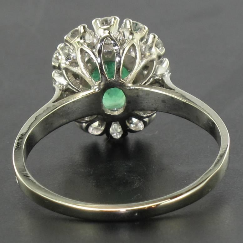 Women's French Retro 1960s Emerald Diamond White Gold Pompadour Engagement Ring 