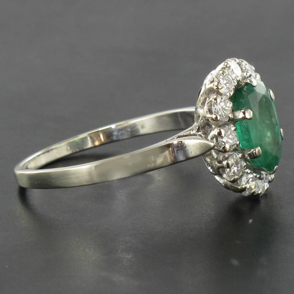 French Retro 1960s Emerald Diamond White Gold Pompadour Engagement Ring  1