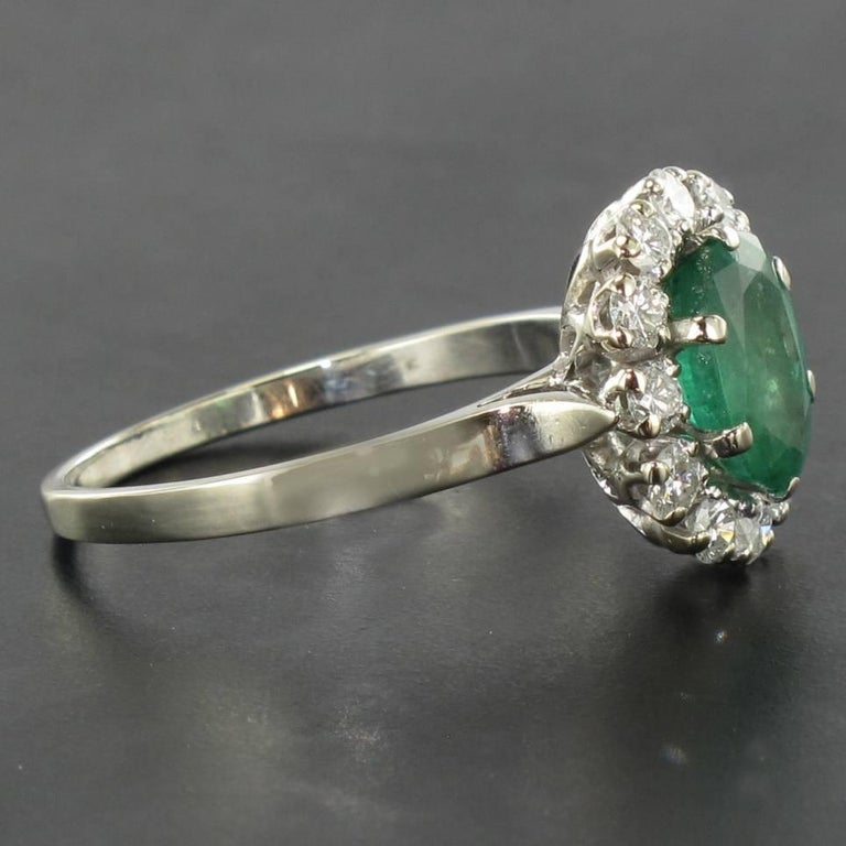 French Retro 1960s Emerald Diamond White Gold Pompadour Engagement Ring ...