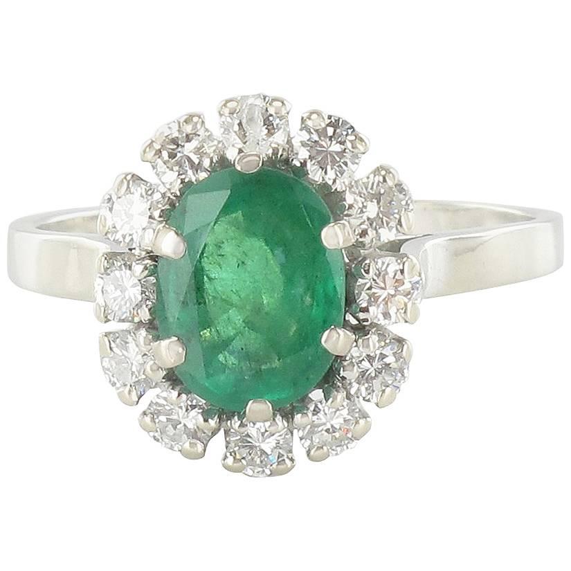 French Retro 1960s Emerald Diamond White Gold Pompadour Engagement Ring
