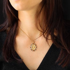 French Retro 1960s Red Gem Cultured Pearl 18 K Yellow White Gold Oval Pendant