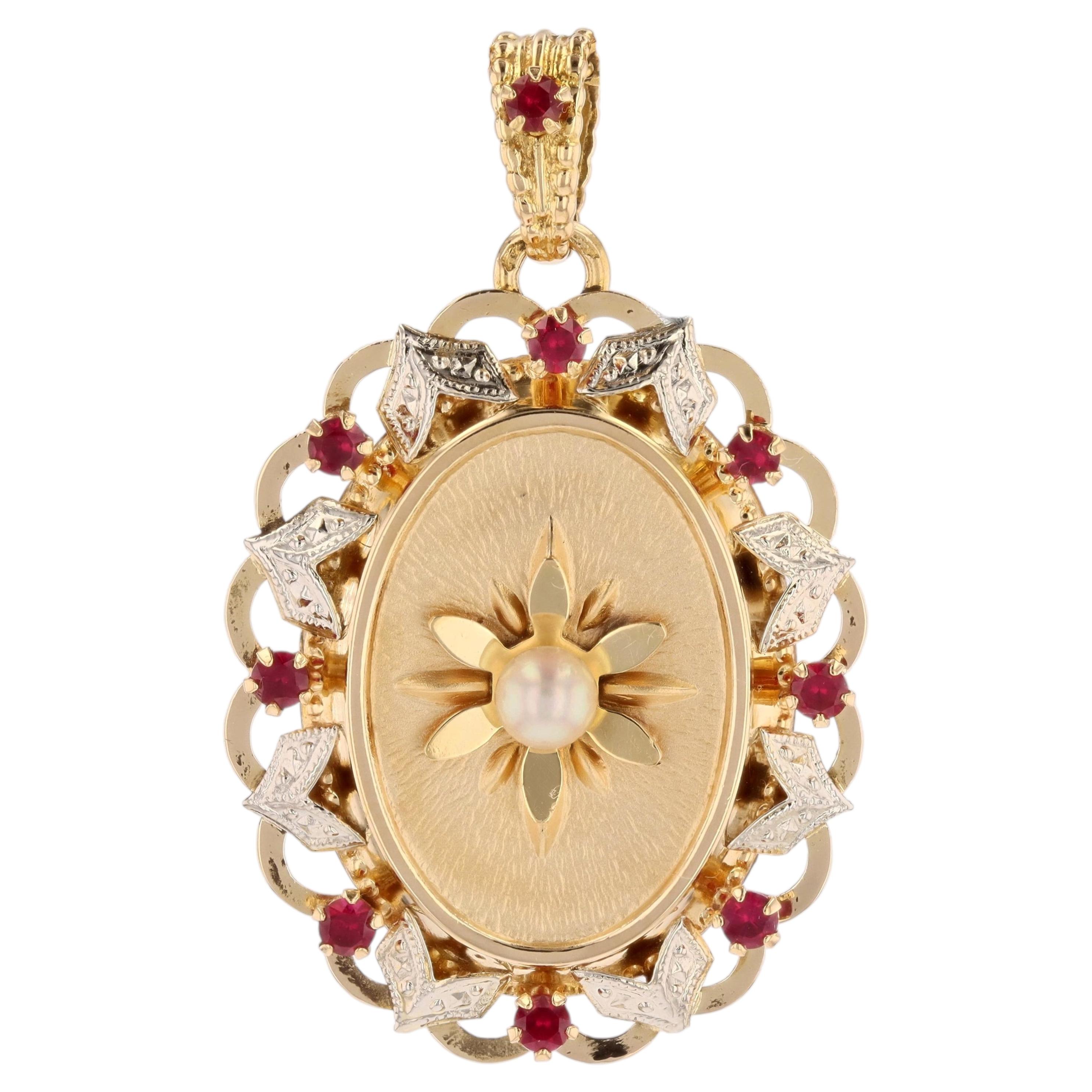 Französischer Retro 1960er Jahre Roter Edelstein Zuchtperle 18 K Gelb Weißgold Ovaler Anhänger