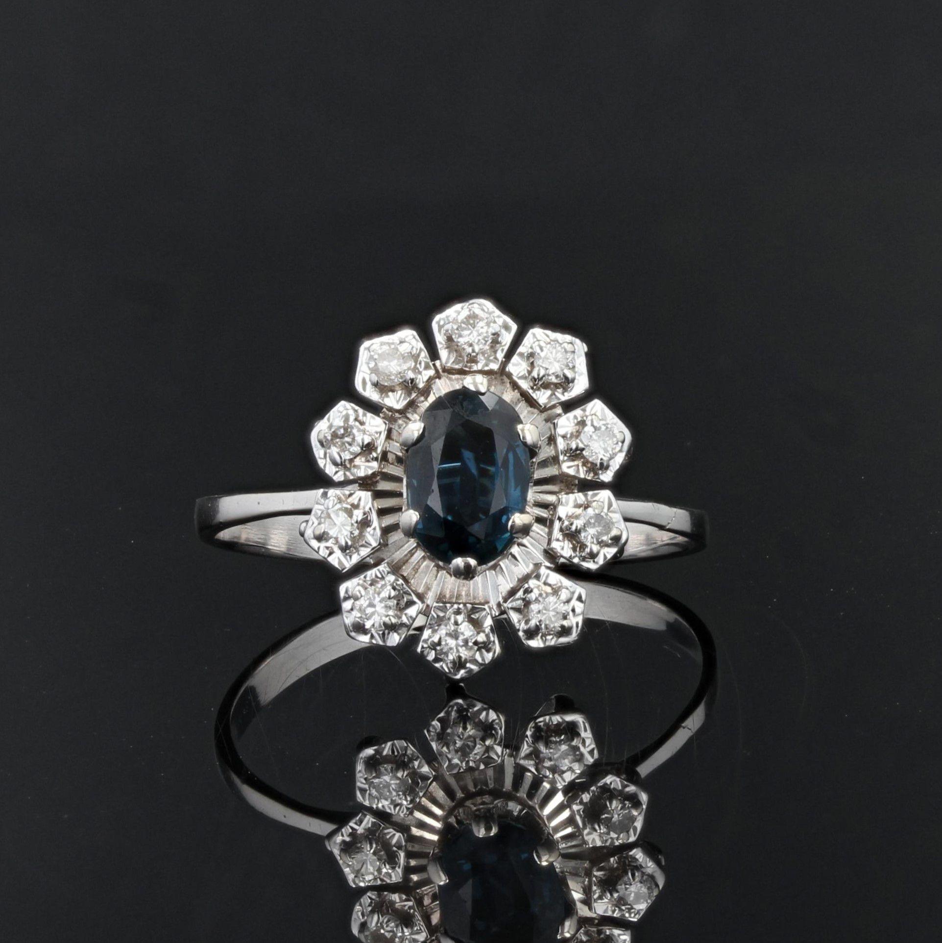 French Retro 1970s Sapphire Diamonds 18 Karat White Gold Ring 2